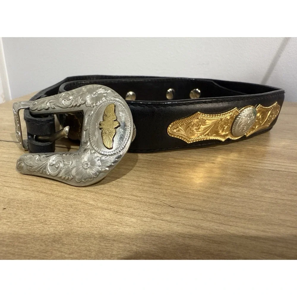 Western Cowgirl Black Leather‎ Belt Concho Heart German Silver Big Al's 38